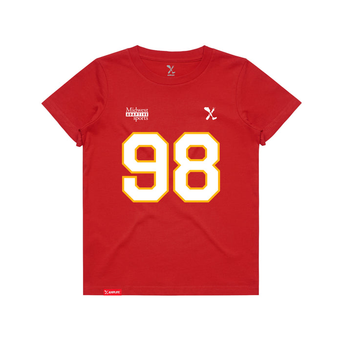 Front angle of the Matthew Scholten MAS Kansas City Wheelchair Football Amplife Youth Red T-Shirt against a white background