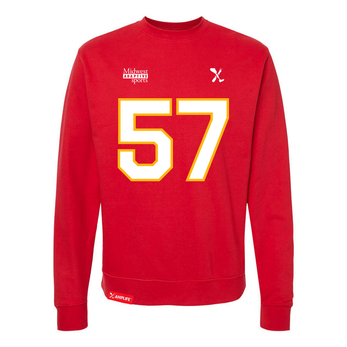 Front angle of the Michael Smart MAS Kansas City Wheelchair Football Amplife Red Crewneck Sweatshirt against a white background