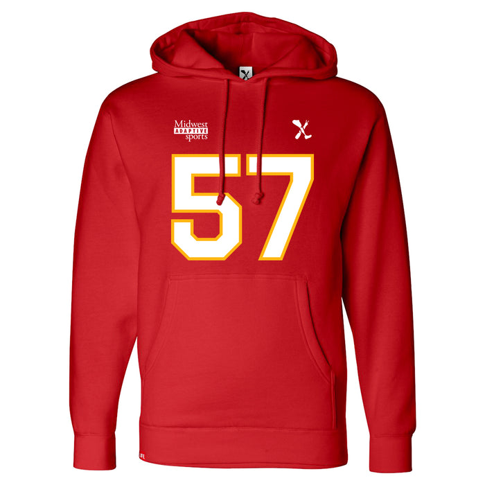Front angle of the Michael Smart MAS Kansas City Wheelchair Football Amplife Red Hoodie against a white background