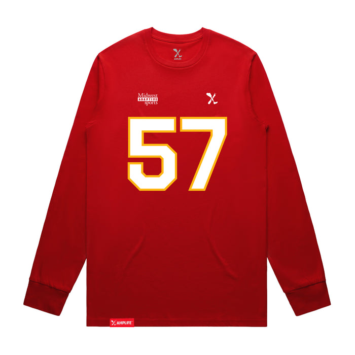 Front angle of the Michael Smart MAS Kansas City Wheelchair Football Amplife Red Long Sleeve T-Shirt against a white background