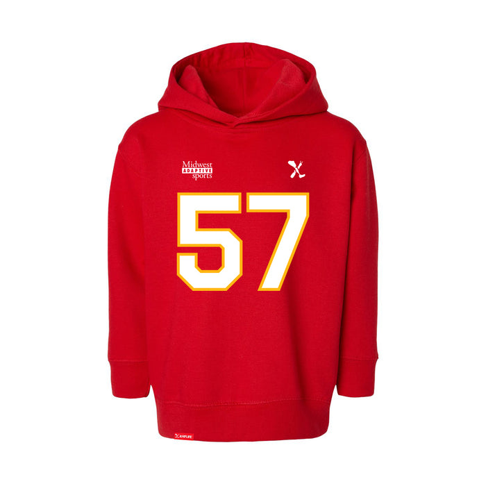 Front angle of the Michael Smart MAS Kansas City Wheelchair Football Amplife Toddler Red Hoodie against a white background