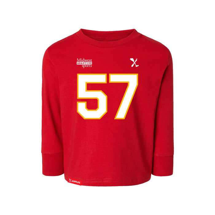 Front angle of the Michael Smart MAS Kansas City Wheelchair Football Amplife Toddler Red Long Sleeve T-Shirt against a white background