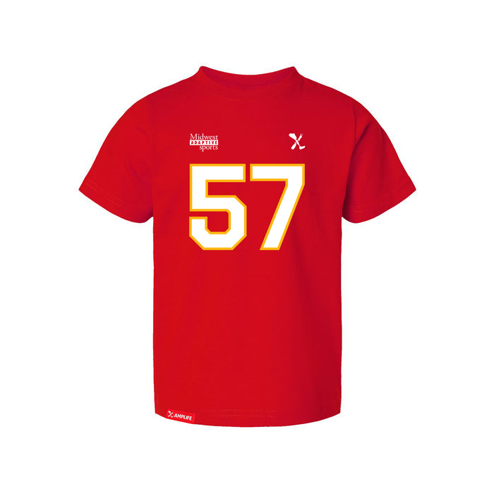Front angle of the Michael Smart MAS Kansas City Wheelchair Football Amplife Toddler Red T-Shirt against a white background