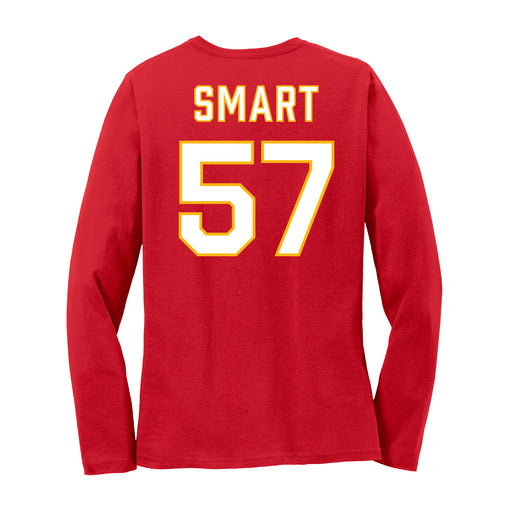 Back angle of the Michael Smart MAS Kansas City Wheelchair Football Amplife Women's Red Long Sleeve T-Shirt against a white background