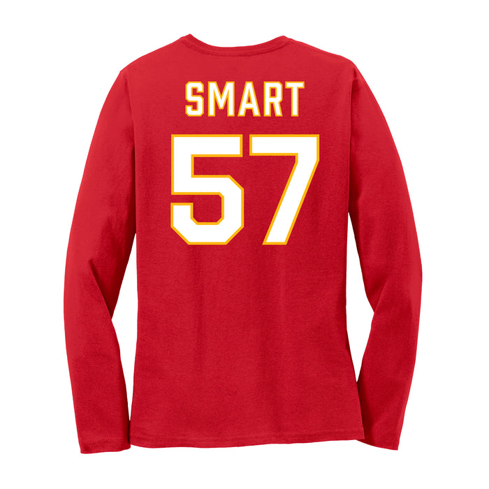 Back angle of the Michael Smart MAS Kansas City Wheelchair Football Amplife Women's Red Long Sleeve T-Shirt against a white background