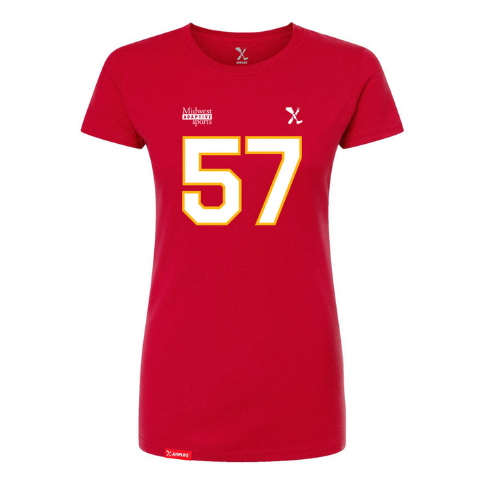 Front angle of the Michael Smart MAS Kansas City Wheelchair Football Amplife Women's Red Slim T-Shirt against a white background