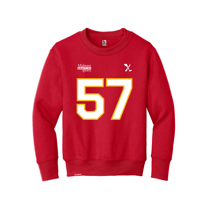 Front angle of the Michael Smart MAS Kansas City Wheelchair Football Amplife Youth Red Crewneck Sweatshirt against a white background