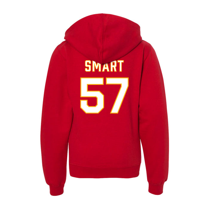Back angle of the Michael Smart MAS Kansas City Wheelchair Football Amplife Youth Red Hoodie against a white background