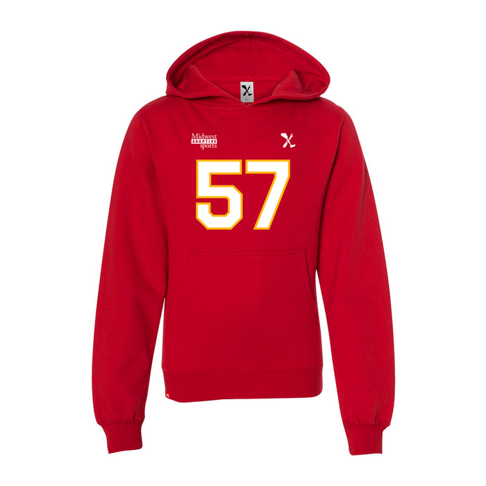 Front angle of the Michael Smart MAS Kansas City Wheelchair Football Amplife Youth Red Hoodie against a white background