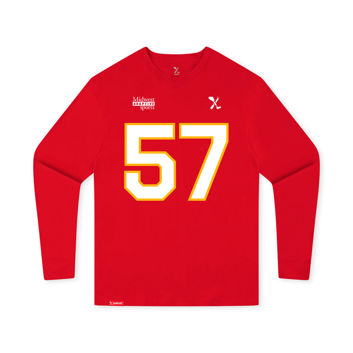 Front angle of the Michael Smart MAS Kansas City Wheelchair Football Amplife Youth Red Long Sleeve T-Shirt against a white background