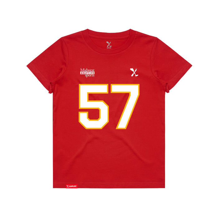 Front angle of the Michael Smart MAS Kansas City Wheelchair Football Amplife Youth Red T-Shirt against a white background