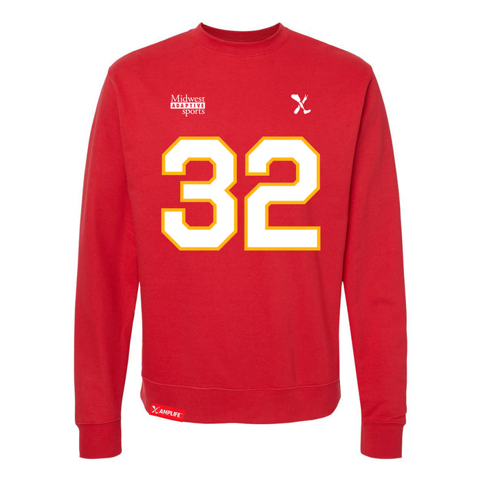 Front angle of the Mike Aldridge MAS Kansas City Wheelchair Football Amplife Red Crewneck Sweatshirt against a white background