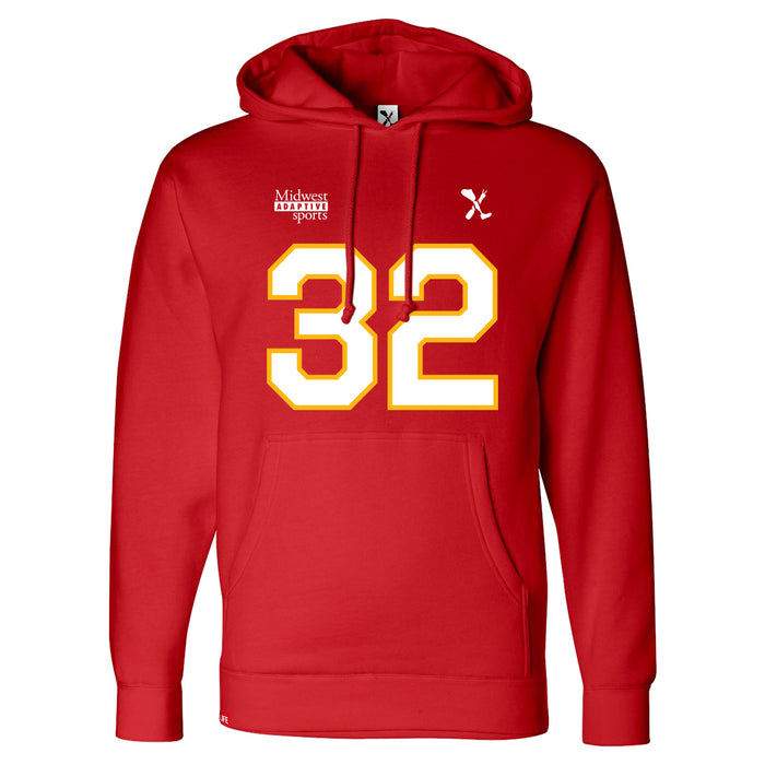 Front angle of the Mike Aldridge MAS Kansas City Wheelchair Football Amplife Red Hoodie against a white background
