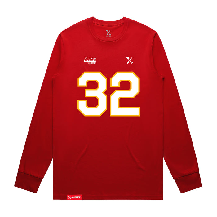 Front angle of the Mike Aldridge MAS Kansas City Wheelchair Football Amplife Red Long Sleeve T-Shirt against a white background