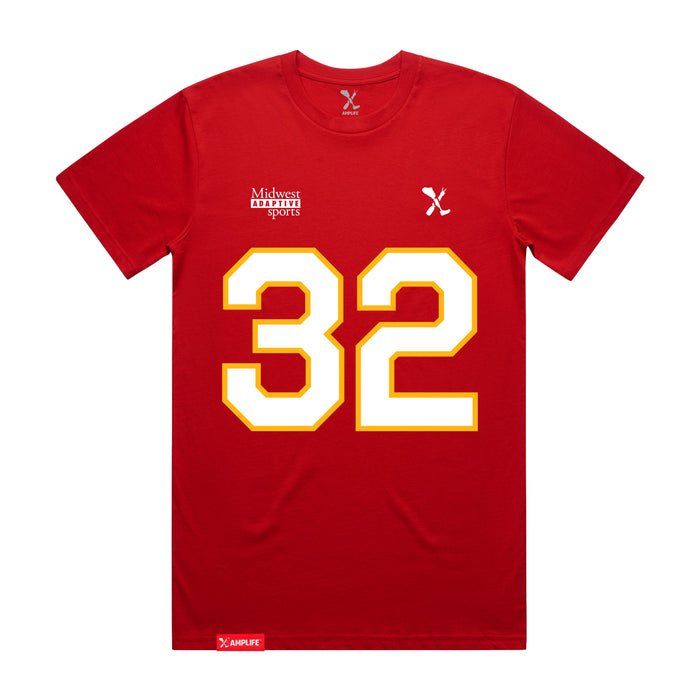 Front angle of the Mike Aldridge MAS Kansas City Wheelchair Football Amplife Red T-Shirt against a white background
