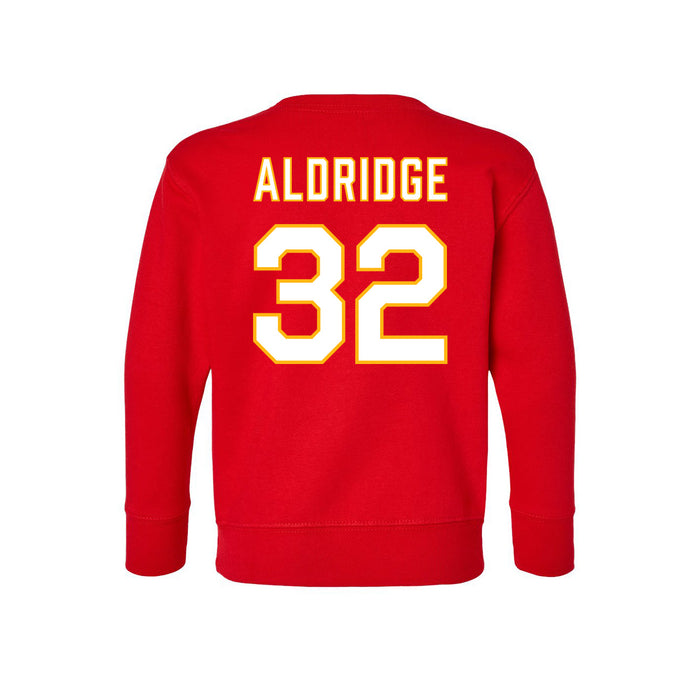 Back angle of the Mike Aldridge MAS Kansas City Wheelchair Football Amplife Toddler Red Crewneck Sweatshirt against a white background
