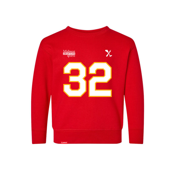 Front angle of the Mike Aldridge MAS Kansas City Wheelchair Football Amplife Toddler Red Crewneck Sweatshirt against a white background