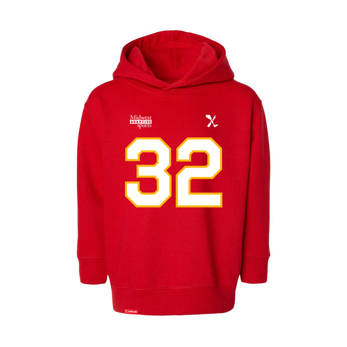 Front angle of the Mike Aldridge MAS Kansas City Wheelchair Football Amplife Toddler Red Hoodie against a white background