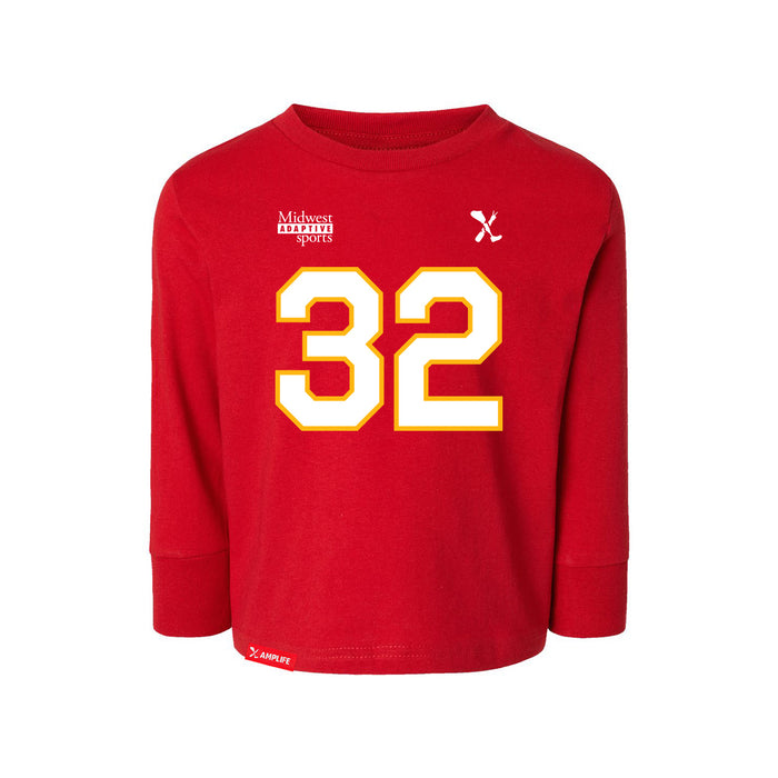 Front angle of the Mike Aldridge MAS Kansas City Wheelchair Football Amplife Toddler Red Long Sleeve T-Shirt against a white background