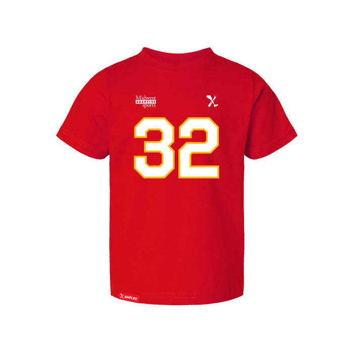 Front angle of the Mike Aldridge MAS Kansas City Wheelchair Football Amplife Toddler Red T-Shirt against a white background