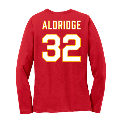 Back angle of the Mike Aldridge MAS Kansas City Wheelchair Football Amplife Women's Red Long Sleeve T-Shirt against a white background