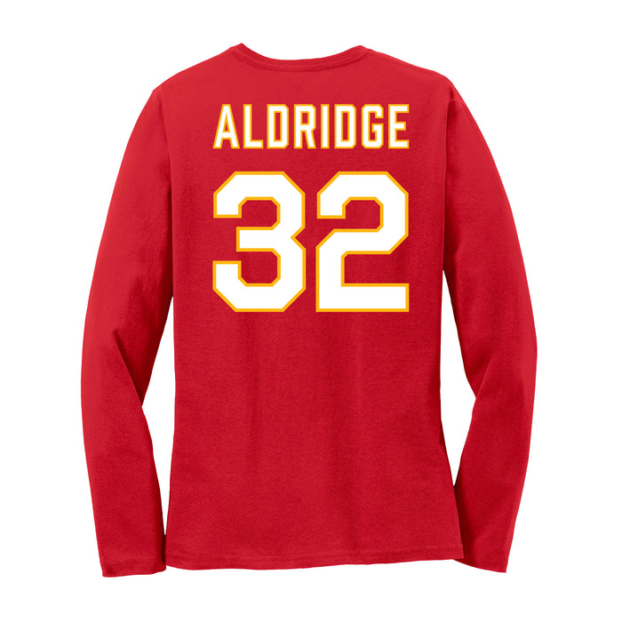 Back angle of the Mike Aldridge MAS Kansas City Wheelchair Football Amplife Women's Red Long Sleeve T-Shirt against a white background