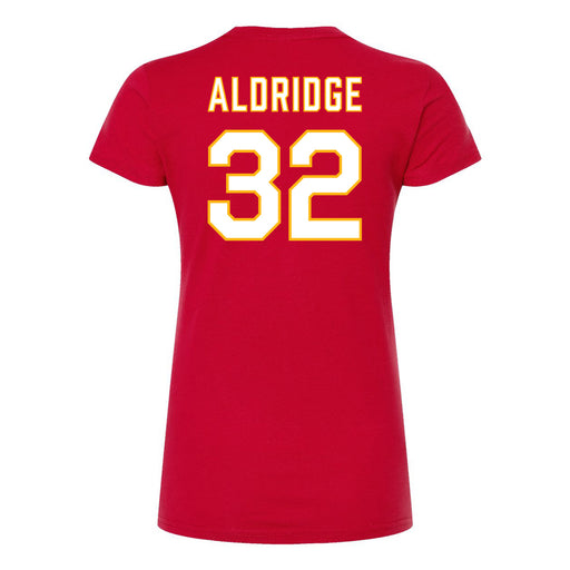 Back angle of the Mike Aldridge MAS Kansas City Wheelchair Football Amplife Women's Red Slim T-Shirt against a white background