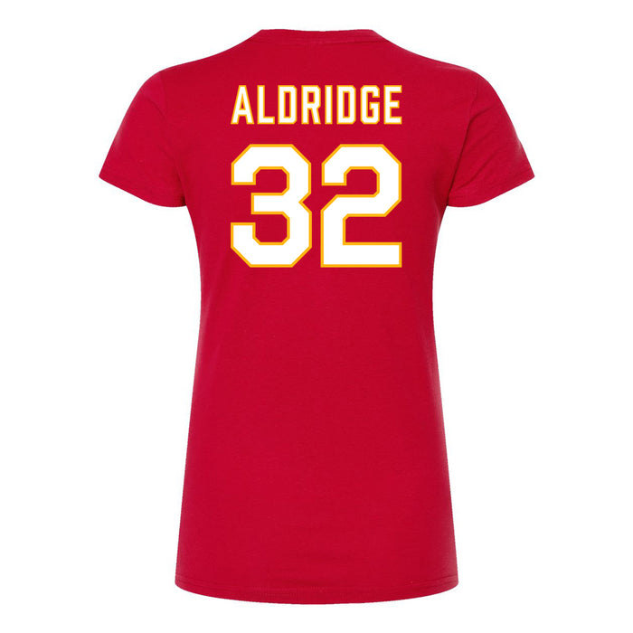 Back angle of the Mike Aldridge MAS Kansas City Wheelchair Football Amplife Women's Red Slim T-Shirt against a white background