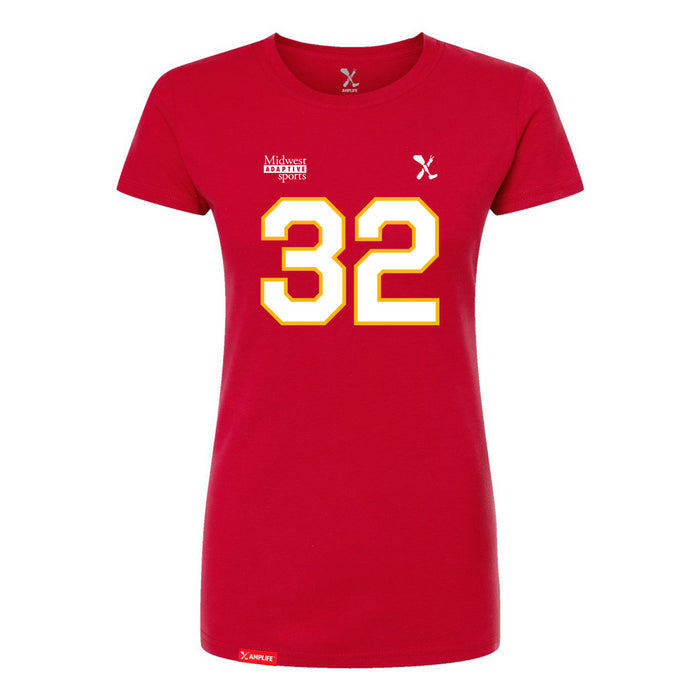 Front angle of the Mike Aldridge MAS Kansas City Wheelchair Football Amplife Women's Red Slim T-Shirt against a white background