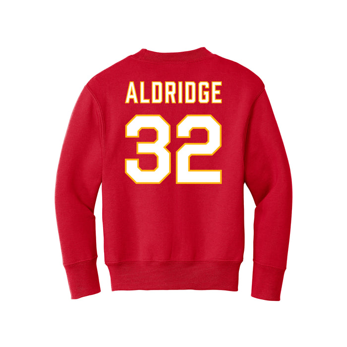 Back angle of the Mike Aldridge MAS Kansas City Wheelchair Football Amplife Youth Red Crewneck Sweatshirt against a white background