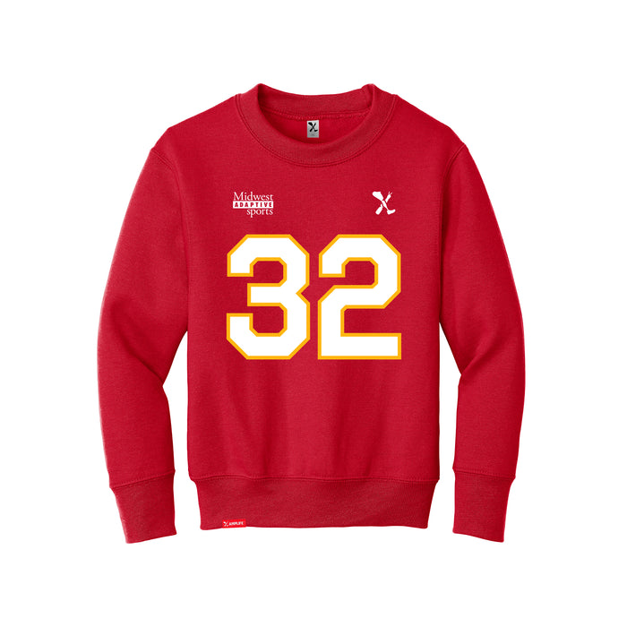 Front angle of the Mike Aldridge MAS Kansas City Wheelchair Football Amplife Youth Red Crewneck Sweatshirt against a white background