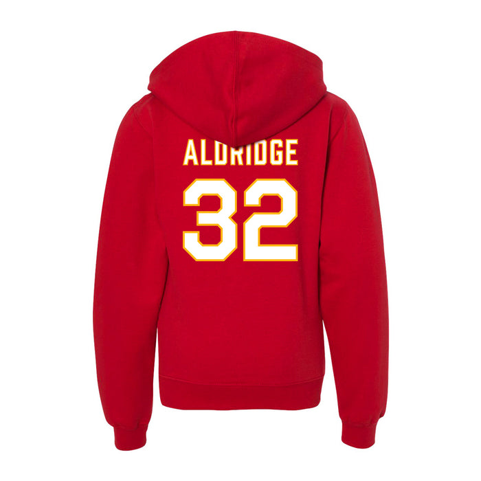 Back angle of the Mike Aldridge MAS Kansas City Wheelchair Football Amplife Youth Red Hoodie against a white background