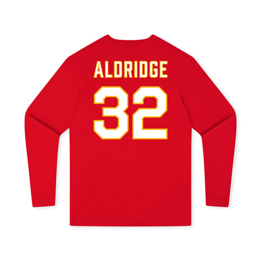 Back angle of the Mike Aldridge MAS Kansas City Wheelchair Football Amplife Youth Red Long Sleeve T-Shirt against a white background