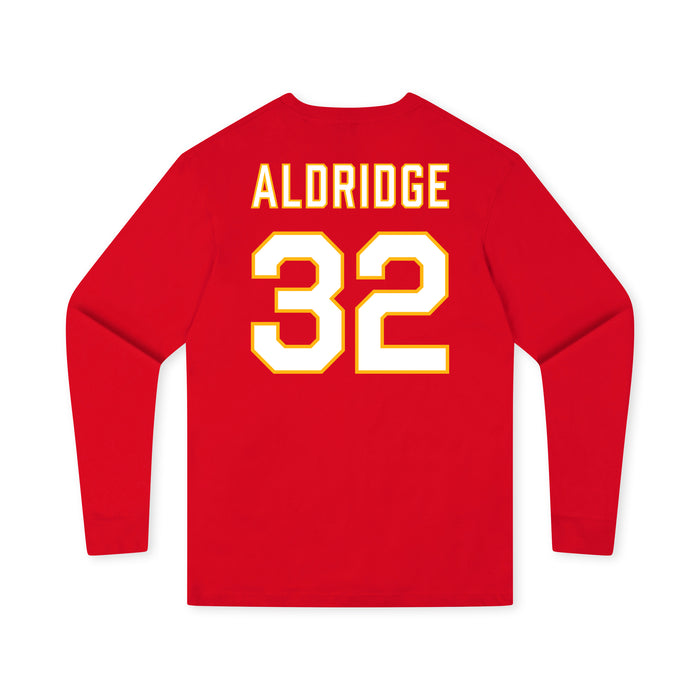 Back angle of the Mike Aldridge MAS Kansas City Wheelchair Football Amplife Youth Red Long Sleeve T-Shirt against a white background