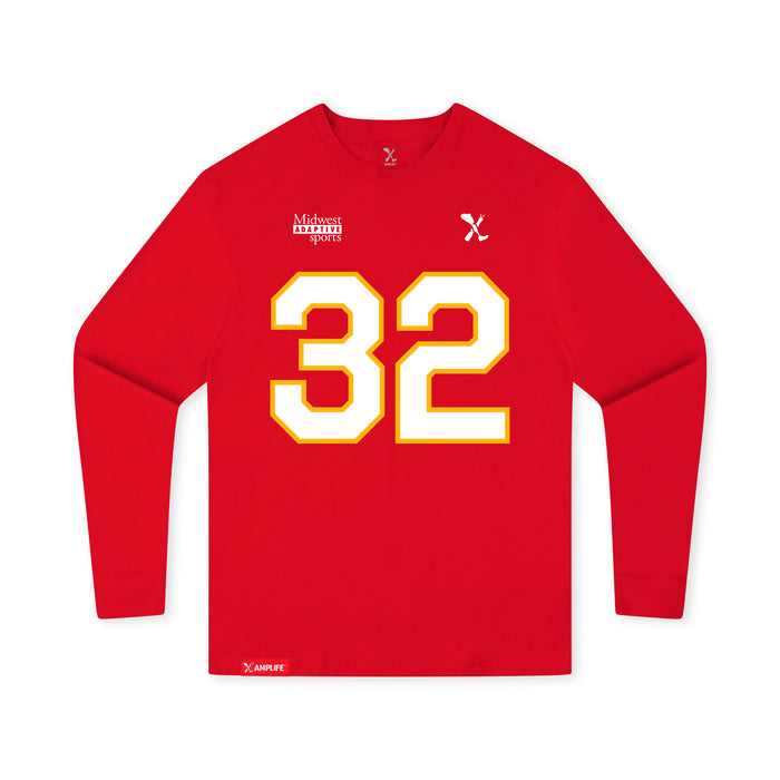 Front angle of the Mike Aldridge MAS Kansas City Wheelchair Football Amplife Youth Red Long Sleeve T-Shirt against a white background