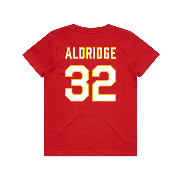 Back angle of the Mike Aldridge MAS Kansas City Wheelchair Football Amplife Youth Red T-Shirt against a white background