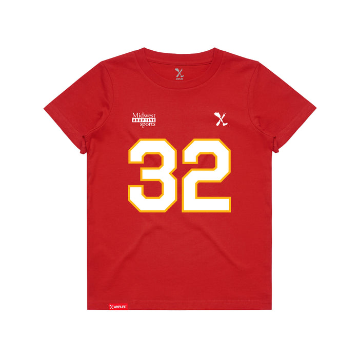 Front angle of the Mike Aldridge MAS Kansas City Wheelchair Football Amplife Youth Red T-Shirt against a white background