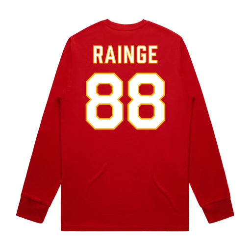 Back angle of the Nathan Rainge MAS Kansas City Wheelchair Football Amplife Red Long Sleeve T-Shirt against a white background