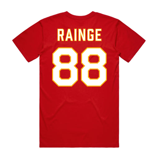 Back angle of the Nathan Rainge MAS Kansas City Wheelchair Football Amplife Red T-Shirt against a white background