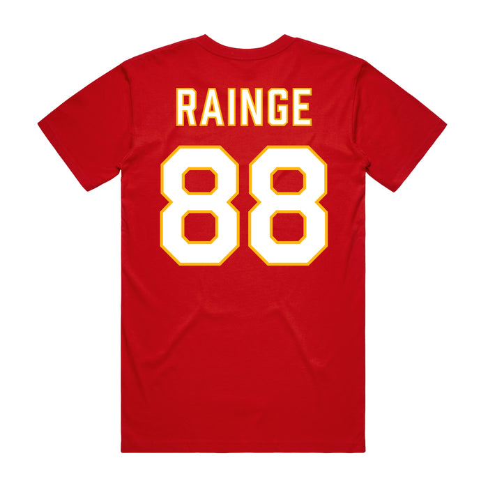 Back angle of the Nathan Rainge MAS Kansas City Wheelchair Football Amplife Red T-Shirt against a white background