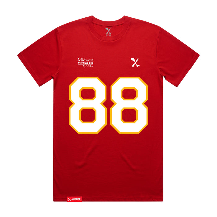 Front angle of the Nathan Rainge MAS Kansas City Wheelchair Football Amplife Red T-Shirt against a white background