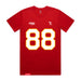 Front angle of the Nathan Rainge MAS Kansas City Wheelchair Football Amplife Red T-Shirt against a white background