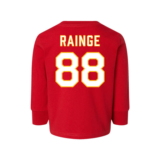 Back angle of the Nathan Rainge MAS Kansas City Wheelchair Football Amplife Toddler Red Long Sleeve T-Shirt against a white background