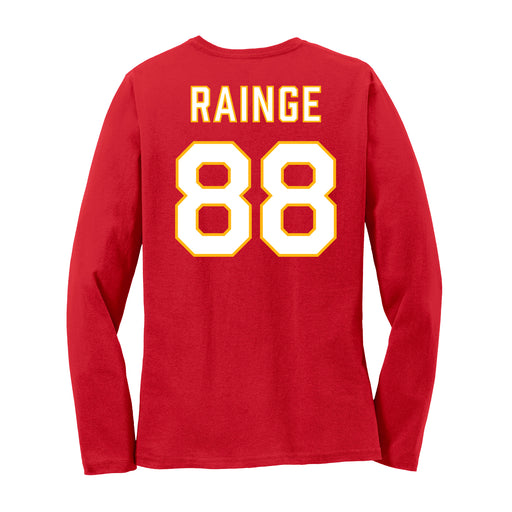 Back angle of the Nathan Rainge MAS Kansas City Wheelchair Football Amplife Women's Red Long Sleeve T-Shirt against a white background