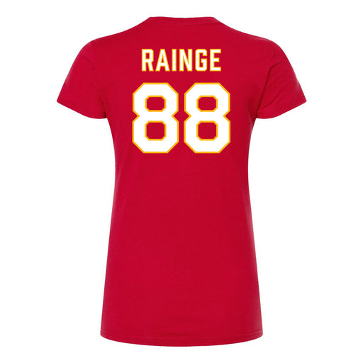 Back angle of the Nathan Rainge MAS Kansas City Wheelchair Football Amplife Women's Red Slim T-Shirt against a white background
