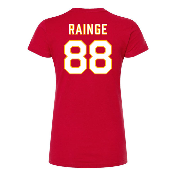 Back angle of the Nathan Rainge MAS Kansas City Wheelchair Football Amplife Women's Red Slim T-Shirt against a white background