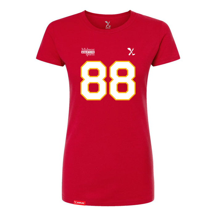 Front angle of the Nathan Rainge MAS Kansas City Wheelchair Football Amplife Women's Red Slim T-Shirt against a white background