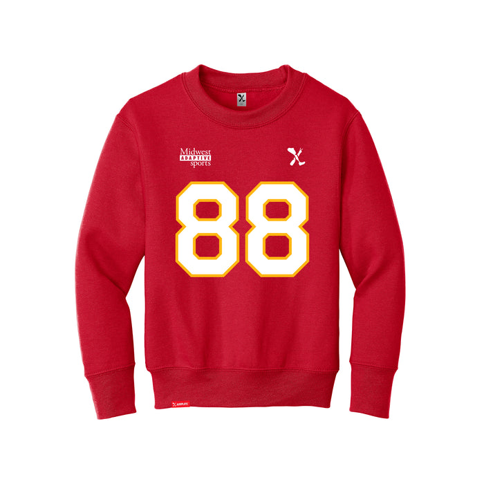 Front angle of the Nathan Rainge MAS Kansas City Wheelchair Football Amplife Youth Red Crewneck Sweatshirt against a white background