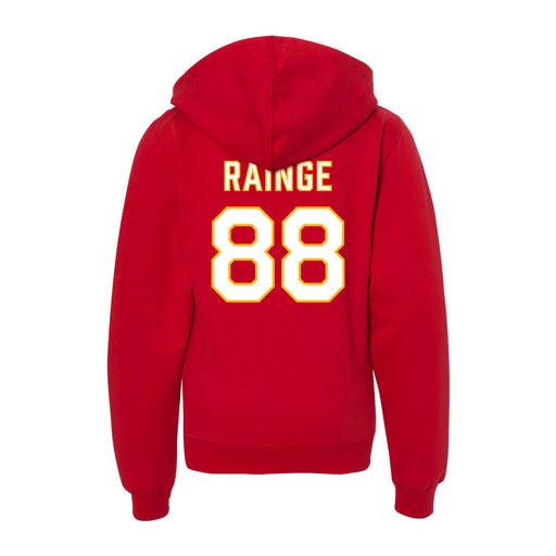 Back angle of the Nathan Rainge MAS Kansas City Wheelchair Football Amplife Youth Red Hoodie against a white background