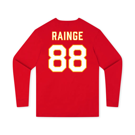 Back angle of the Nathan Rainge MAS Kansas City Wheelchair Football Amplife Youth Red Long Sleeve T-Shirt against a white background